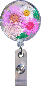 Glitterific Badge Reel Purple and Pink Flowers